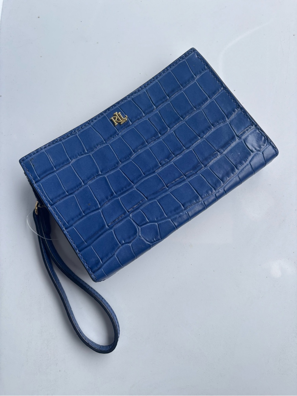 Ralph Lauren Navy Blue Croc-Embossed Wristlet Clutch with Gold RL Logo